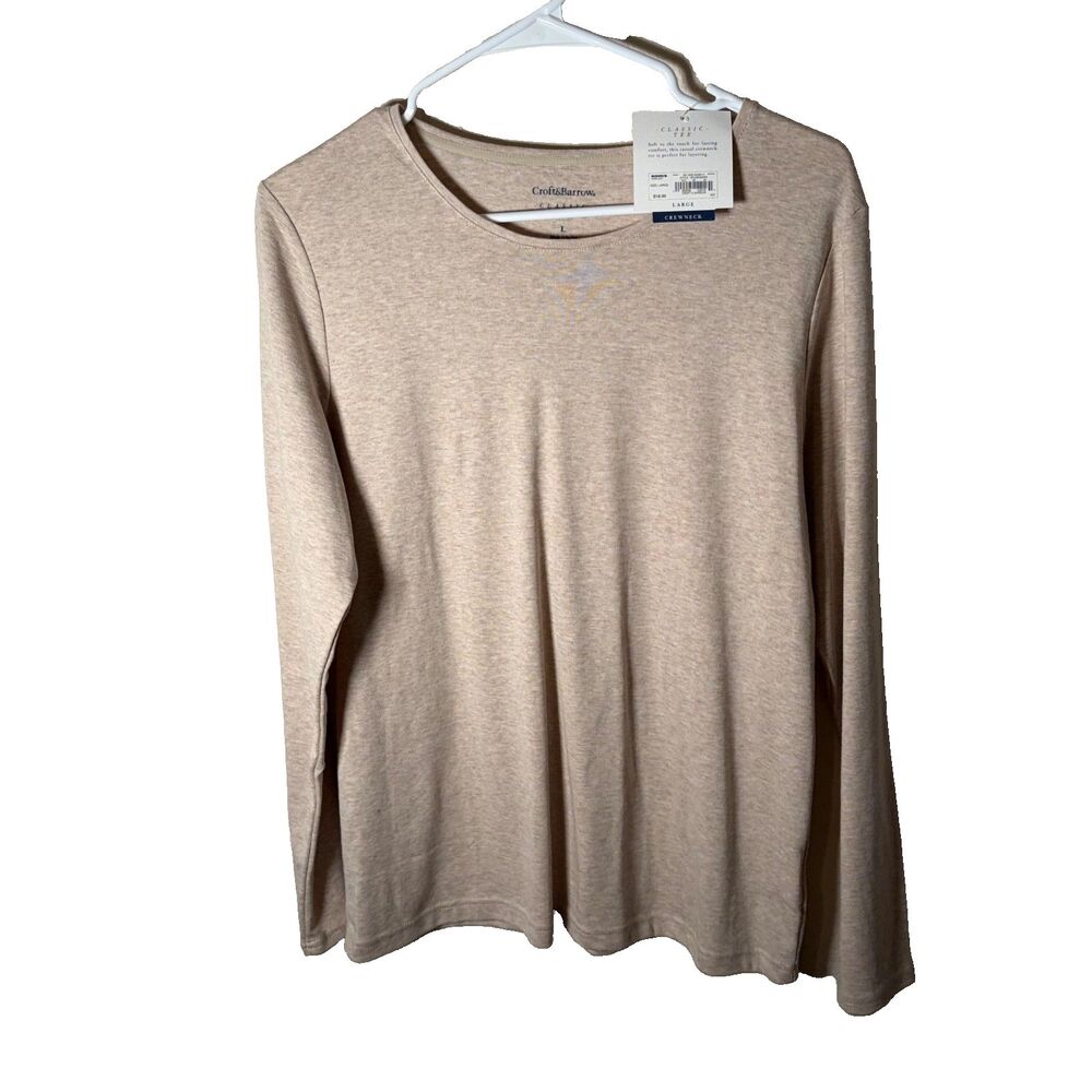 Croft & Barrow T-Shirt Women's Large Classic Tee Beige Long Sleeve Basic NWT